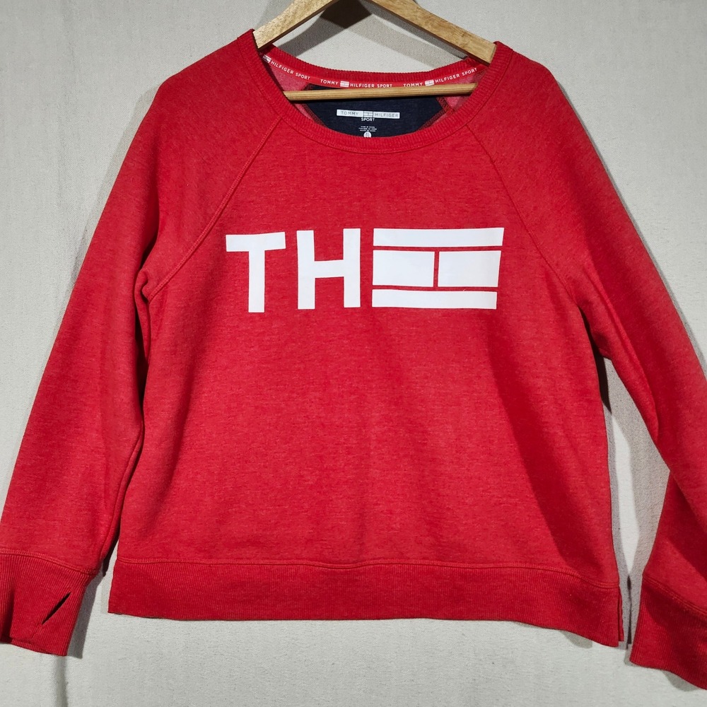 Tommy Hilfiger Sport Womens XL Red Logo Raglan Sweatshirt Thumbhole Cuffs Preppy